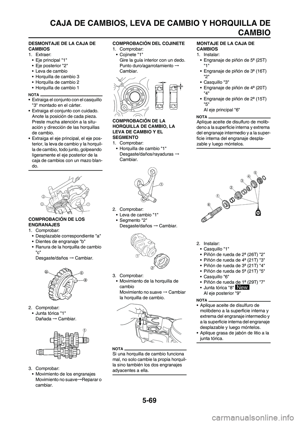 YAMAHA WR 450F 2010 Manuale de Empleo (in Spanish) 5-69
CAJA DE CAMBIOS, LEVA DE CAMBIO Y HORQUILLA DE
CAMBIO
DESMONTAJE DE LA CAJA DE
CAMBIOS
1. Extraer:
• Eje principal "1"
• Eje posterior "2"
• Leva de cambio
• Horquilla de cambio 3
• Ho YAMAHA WR 450F 2010 Manuale de Empleo (in Spanish) 5-69
CAJA DE CAMBIOS, LEVA DE CAMBIO Y HORQUILLA DE
CAMBIO
DESMONTAJE DE LA CAJA DE
CAMBIOS
1. Extraer:
• Eje principal "1"
• Eje posterior "2"
• Leva de cambio
• Horquilla de cambio 3
• Ho