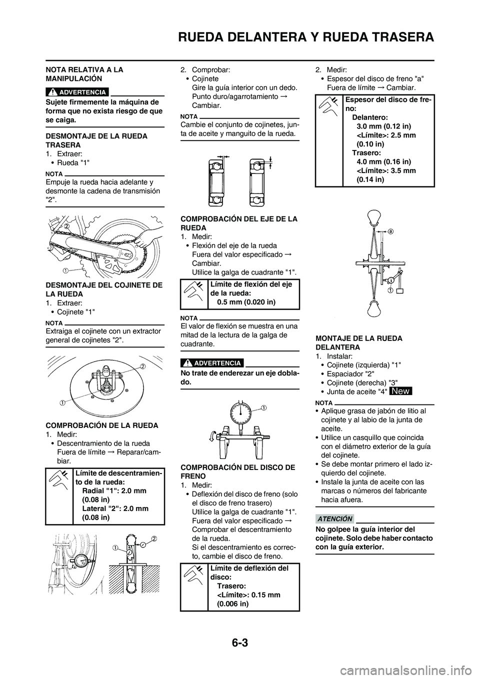 YAMAHA WR 450F 2010 Manuale de Empleo (in Spanish) 6-3
RUEDA DELANTERA Y RUEDA TRASERA
NOTA RELATIVA A LA
MANIPULACIÓN
Sujete firmemente la máquina de
forma que no exista riesgo de que
se caiga.
DESMONTAJE DE LA RUEDA
TRASERA
1. Extraer:
• Rue YAMAHA WR 450F 2010 Manuale de Empleo (in Spanish) 6-3
RUEDA DELANTERA Y RUEDA TRASERA
NOTA RELATIVA A LA
MANIPULACIÓN
Sujete firmemente la máquina de
forma que no exista riesgo de que
se caiga.
DESMONTAJE DE LA RUEDA
TRASERA
1. Extraer:
• Rue
