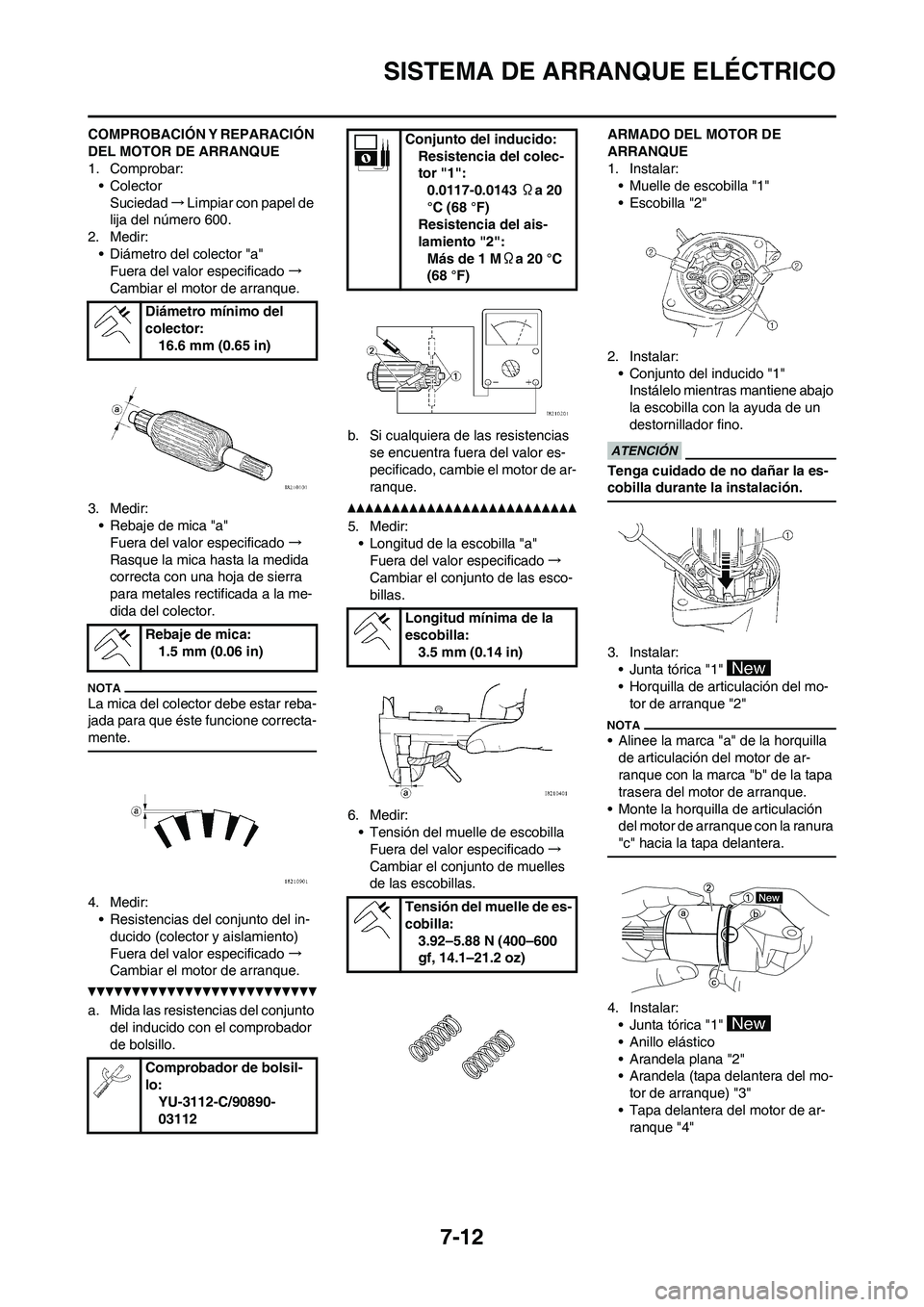 YAMAHA WR 450F 2010 Manuale de Empleo (in Spanish) 7-12
SISTEMA DE ARRANQUE ELÉCTRICO
COMPROBACIÓN Y REPARACIÓN
DEL MOTOR DE ARRANQUE
1. Comprobar:
• Colector
Suciedad→Limpiar con papel de
lija del número 600.
2. Medir:
• Diámetro del col YAMAHA WR 450F 2010 Manuale de Empleo (in Spanish) 7-12
SISTEMA DE ARRANQUE ELÉCTRICO
COMPROBACIÓN Y REPARACIÓN
DEL MOTOR DE ARRANQUE
1. Comprobar:
• Colector
Suciedad→Limpiar con papel de
lija del número 600.
2. Medir:
• Diámetro del col