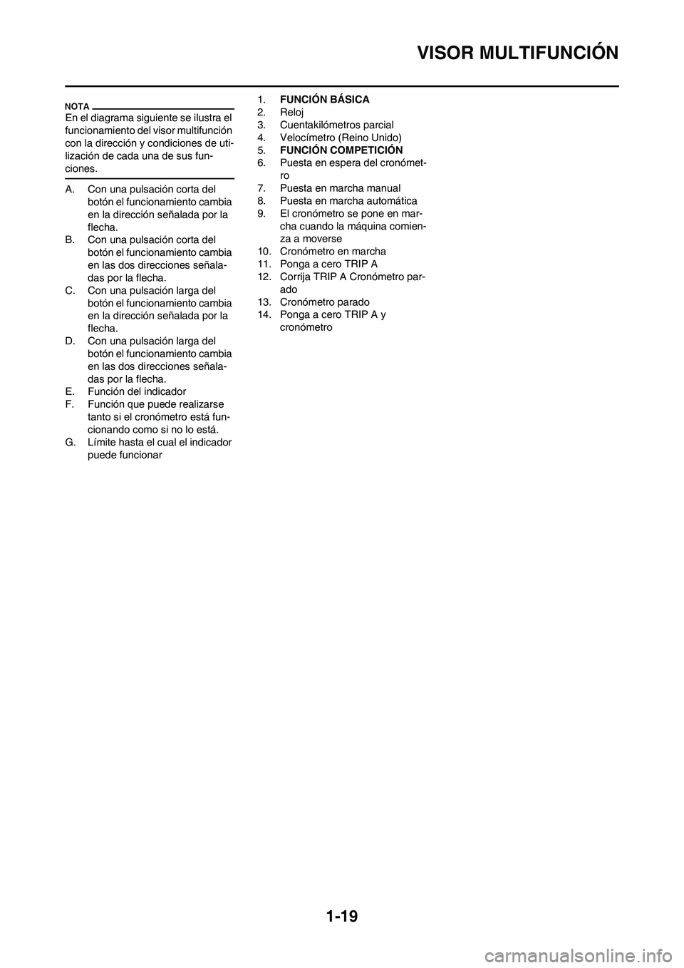 YAMAHA WR 450F 2010  Manuale de Empleo (in Spanish) 
1-19
VISOR MULTIFUNCIÓN
En el diagrama siguiente se ilustra el 
funcionamiento del visor multifunción 
con la dirección y condiciones de uti-
lización de cada una de sus fun-
ciones.
A. Con una p