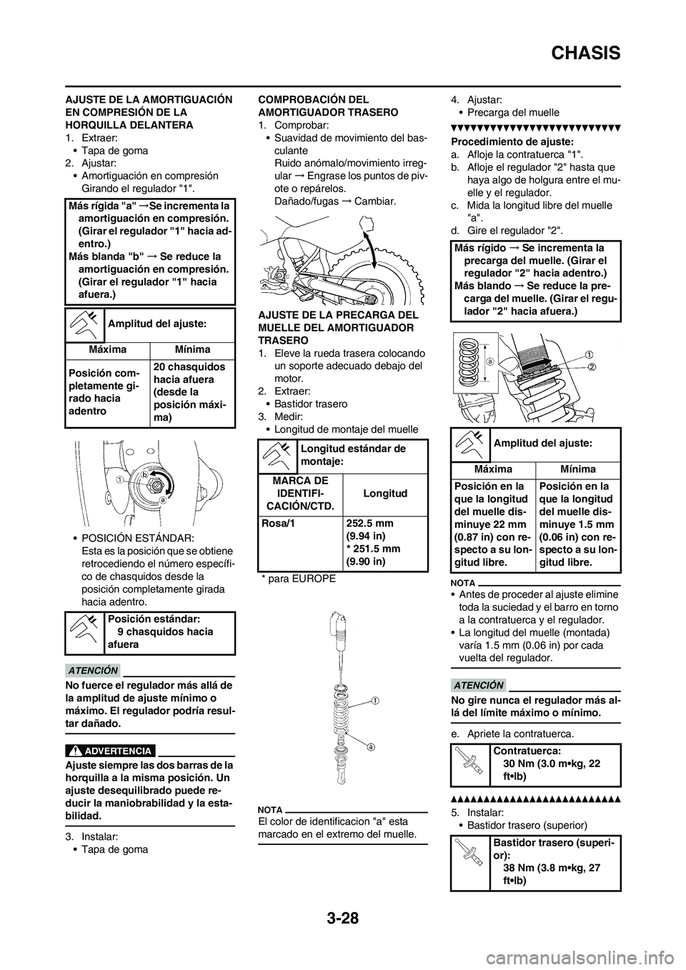 YAMAHA WR 450F 2010  Manuale de Empleo (in Spanish) 3-28
CHASIS
AJUSTE DE LA AMORTIGUACIÓN 
EN COMPRESIÓN DE LA 
HORQUILLA DELANTERA
1. Extraer:
• Tapa de goma
2. Ajustar:
• Amortiguación en compresión
Girando el regulador "1".
• POSICIÓN ES