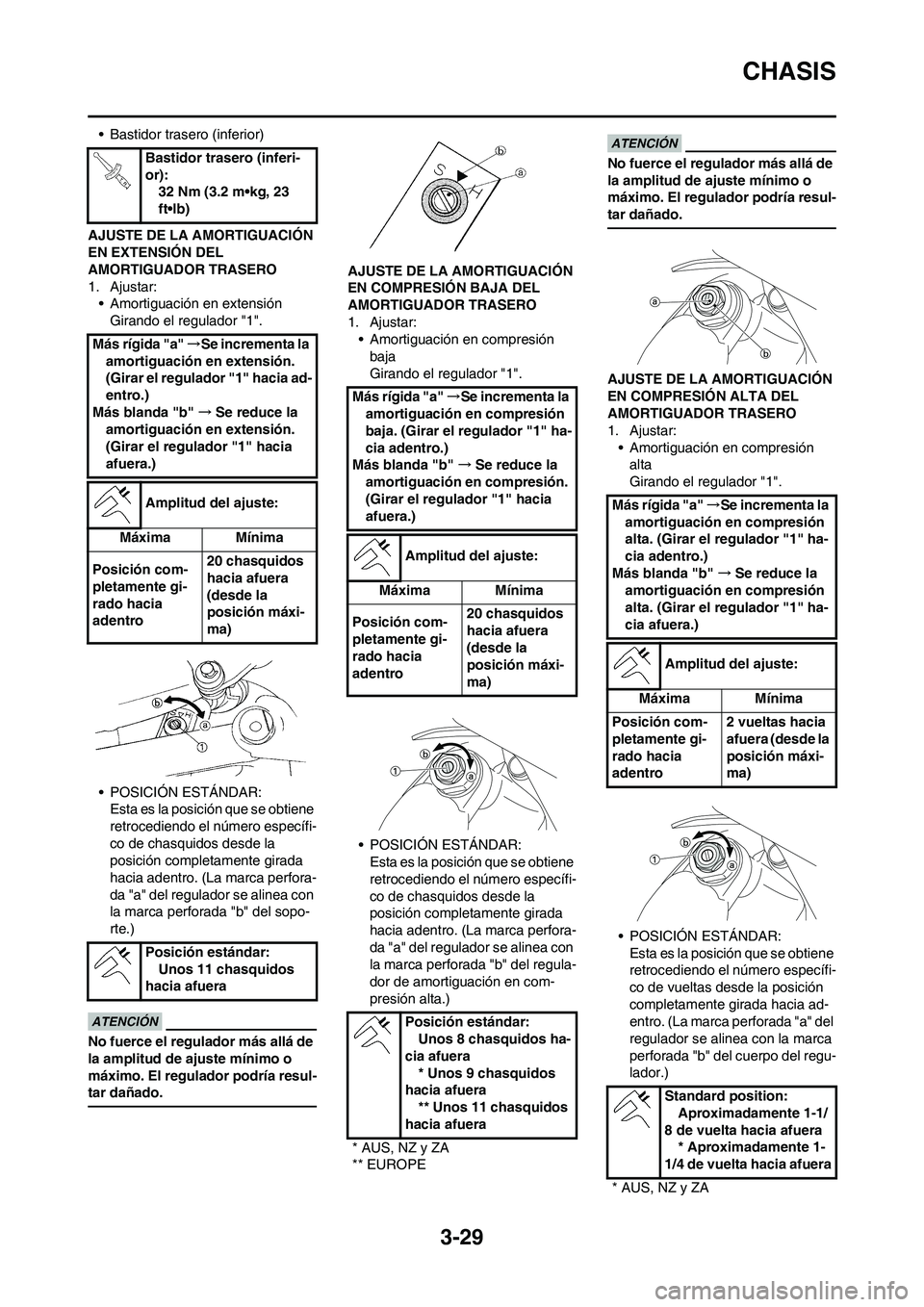 YAMAHA WR 450F 2010  Manuale de Empleo (in Spanish) 3-29
CHASIS
• Bastidor trasero (inferior)
AJUSTE DE LA AMORTIGUACIÓN 
EN EXTENSIÓN DEL 
AMORTIGUADOR TRASERO
1. Ajustar:
• Amortiguación en extensión
Girando el regulador "1".
• POSICIÓN ES