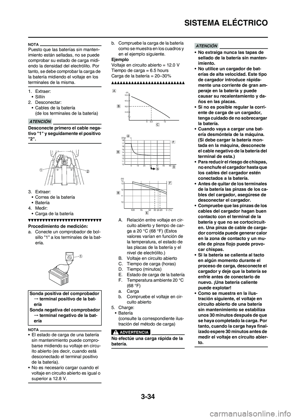 YAMAHA WR 450F 2010  Manuale de Empleo (in Spanish) 3-34
SISTEMA ELÉCTRICO
Puesto que las baterías sin manten-
imiento están selladas, no se puede 
comprobar su estado de carga midi-
endo la densidad del electrólito. Por 
tanto, se debe comprobar l
