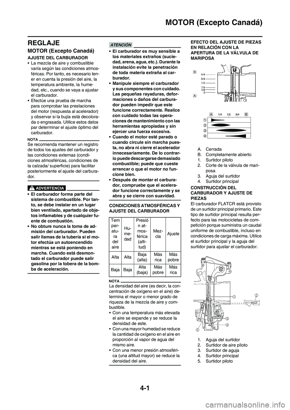 YAMAHA WR 450F 2010  Manuale de Empleo (in Spanish) 
4-1
MOTOR (Excepto Canadá)
REGLAJE
MOTOR (Excepto Canadá)
AJUSTE DEL CARBURADOR
• La mezcla de aire y combustible varía según las condiciones atmos-
féricas. Por tanto, es necesario ten-
er en