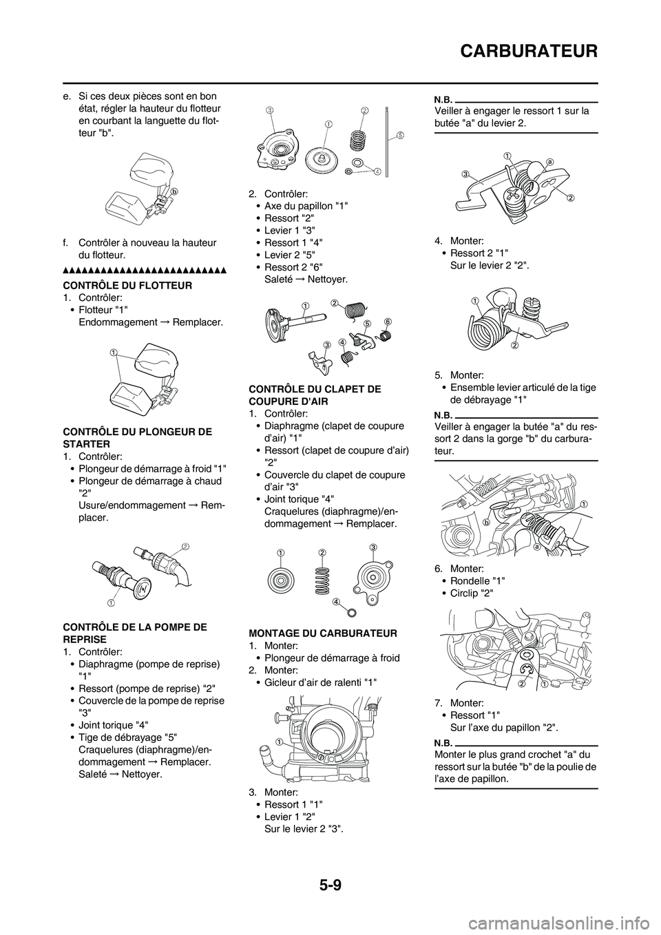 YAMAHA WR 450F 2010  Notices Demploi (in French) 5-9
CARBURATEUR
e. Si ces deux pièces sont en bon 
état, régler la hauteur du flotteur 
en courbant la languette du flot-
teur "b".
f. Contrôler à nouveau la hauteur 
du flotteur.
CONTRÔLE DU FL