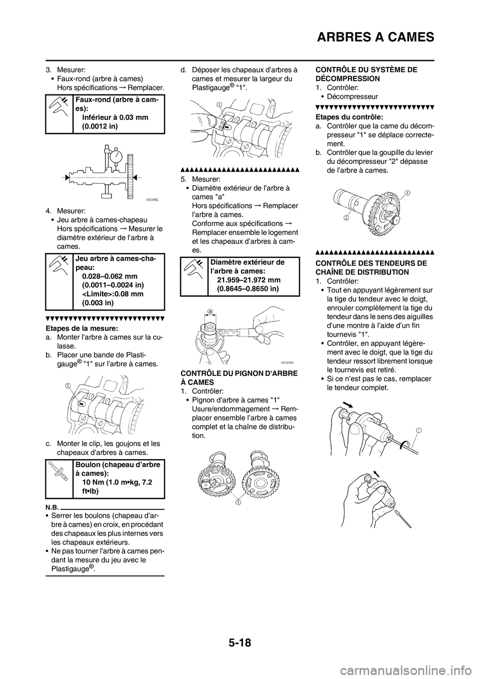 YAMAHA WR 450F 2010  Notices Demploi (in French) 5-18
ARBRES A CAMES
3. Mesurer:
• Faux-rond (arbre à cames)
Hors spécifications→Remplacer.
4. Mesurer:
• Jeu arbre à cames-chapeau
Hors spécifications→Mesurer le 
diamètre extérieur de l