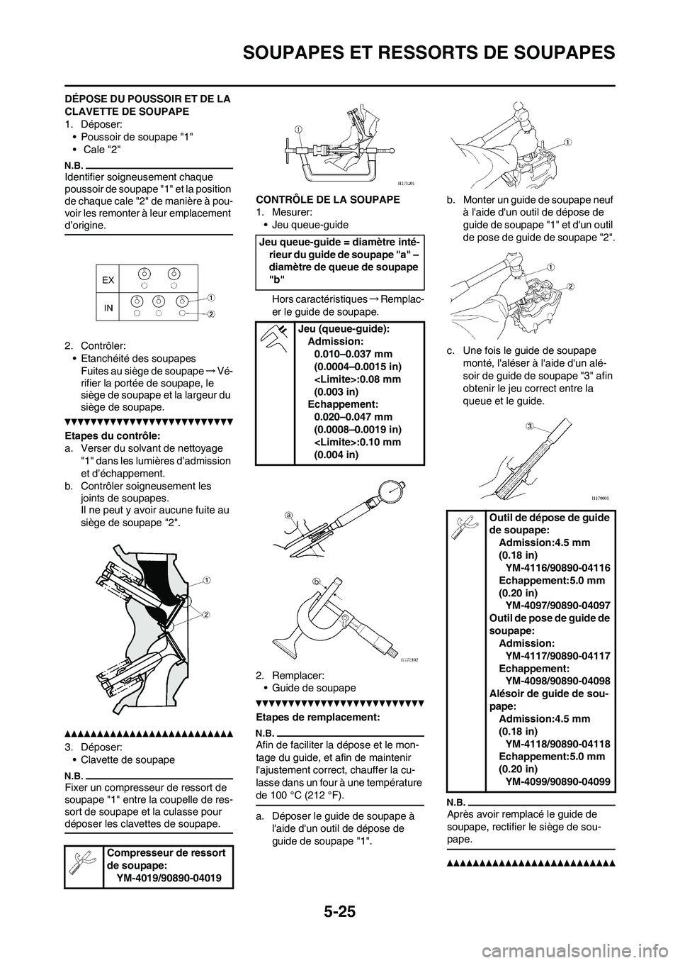 YAMAHA WR 450F 2010  Notices Demploi (in French) 5-25
SOUPAPES ET RESSORTS DE SOUPAPES
DÉPOSE DU POUSSOIR ET DE LA 
CLAVETTE DE SOUPAPE
1. Déposer:
• Poussoir de soupape "1"
•  Cale "2"
Identifier soigneusement chaque 
poussoir de soupape "1" 