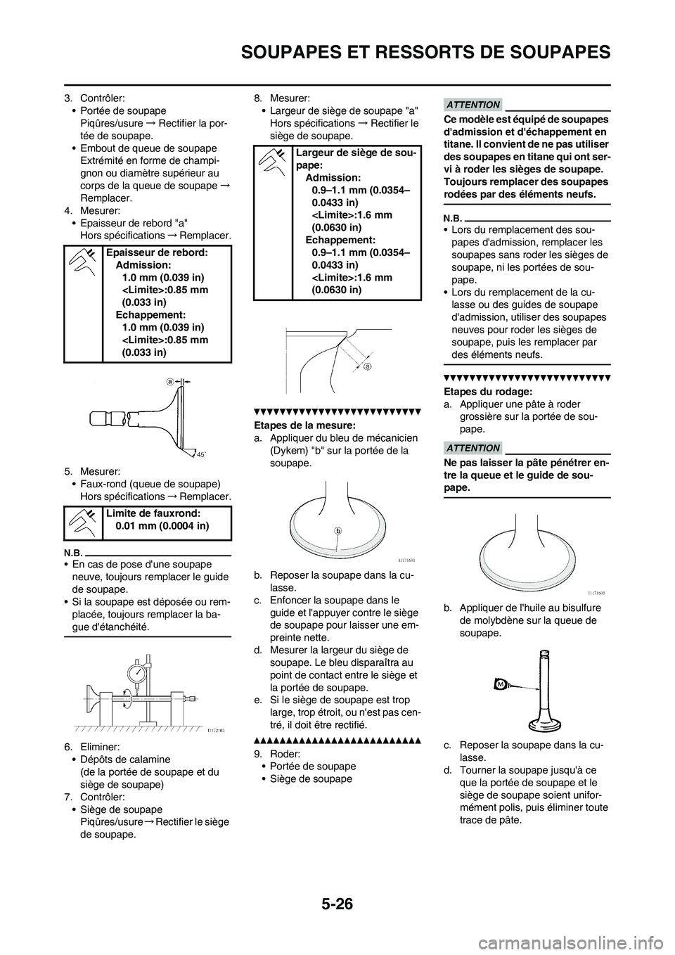 YAMAHA WR 450F 2010  Notices Demploi (in French) 5-26
SOUPAPES ET RESSORTS DE SOUPAPES
3. Contrôler:
• Portée de soupape
Piqûres/usure→Rectifier la por-
tée de soupape.
• Embout de queue de soupape
Extrémité en forme de champi-
gnon ou d