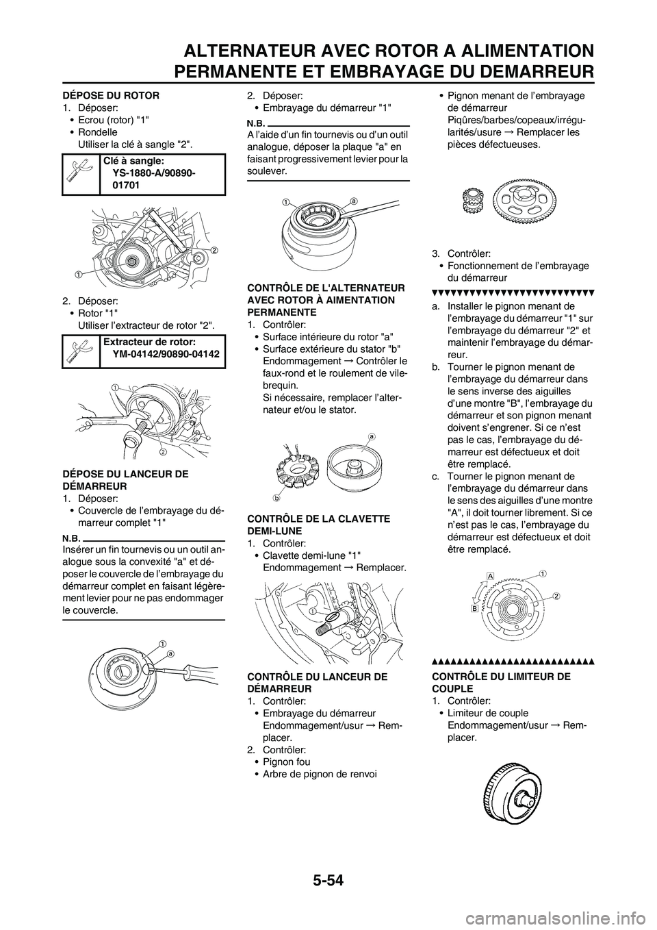 YAMAHA WR 450F 2010  Notices Demploi (in French) 5-54
ALTERNATEUR AVEC ROTOR A ALIMENTATION
PERMANENTE ET EMBRAYAGE DU DEMARREUR
DÉPOSE DU ROTOR
1. Déposer:
• Ecrou (rotor) "1"
• Rondelle
Utiliser la clé à sangle "2".
2. Déposer:
• Rotor 