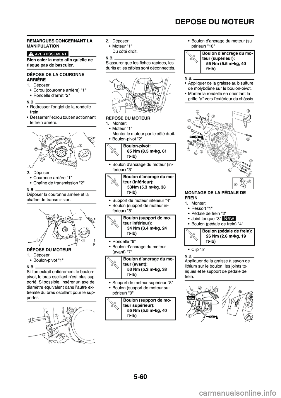 YAMAHA WR 450F 2010  Notices Demploi (in French) 5-60
DEPOSE DU MOTEUR
REMARQUES CONCERNANT LA 
MANIPULATION
Bien caler la moto afin qu’elle ne 
risque pas de basculer.
DÉPOSE DE LA COURONNE 
ARRIÈRE
1. Déposer:
• Ecrou (couronne arrière) "1