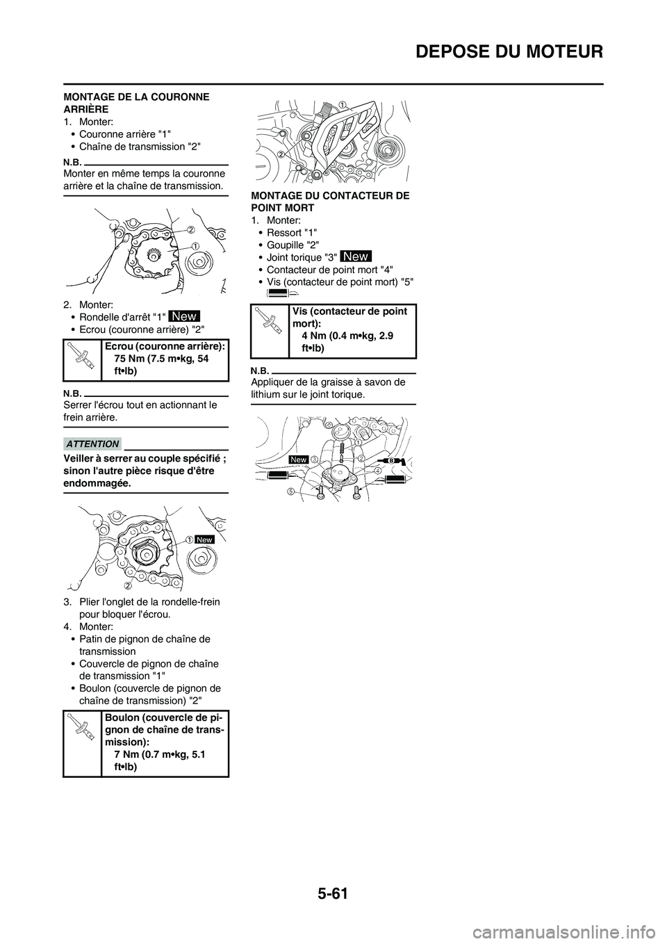 YAMAHA WR 450F 2010  Notices Demploi (in French) 5-61
DEPOSE DU MOTEUR
MONTAGE DE LA COURONNE 
ARRIÈRE
1. Monter:
• Couronne arrière "1"
• Chaîne de transmission "2"
Monter en même temps la couronne 
arrière et la chaîne de transmission.
2
