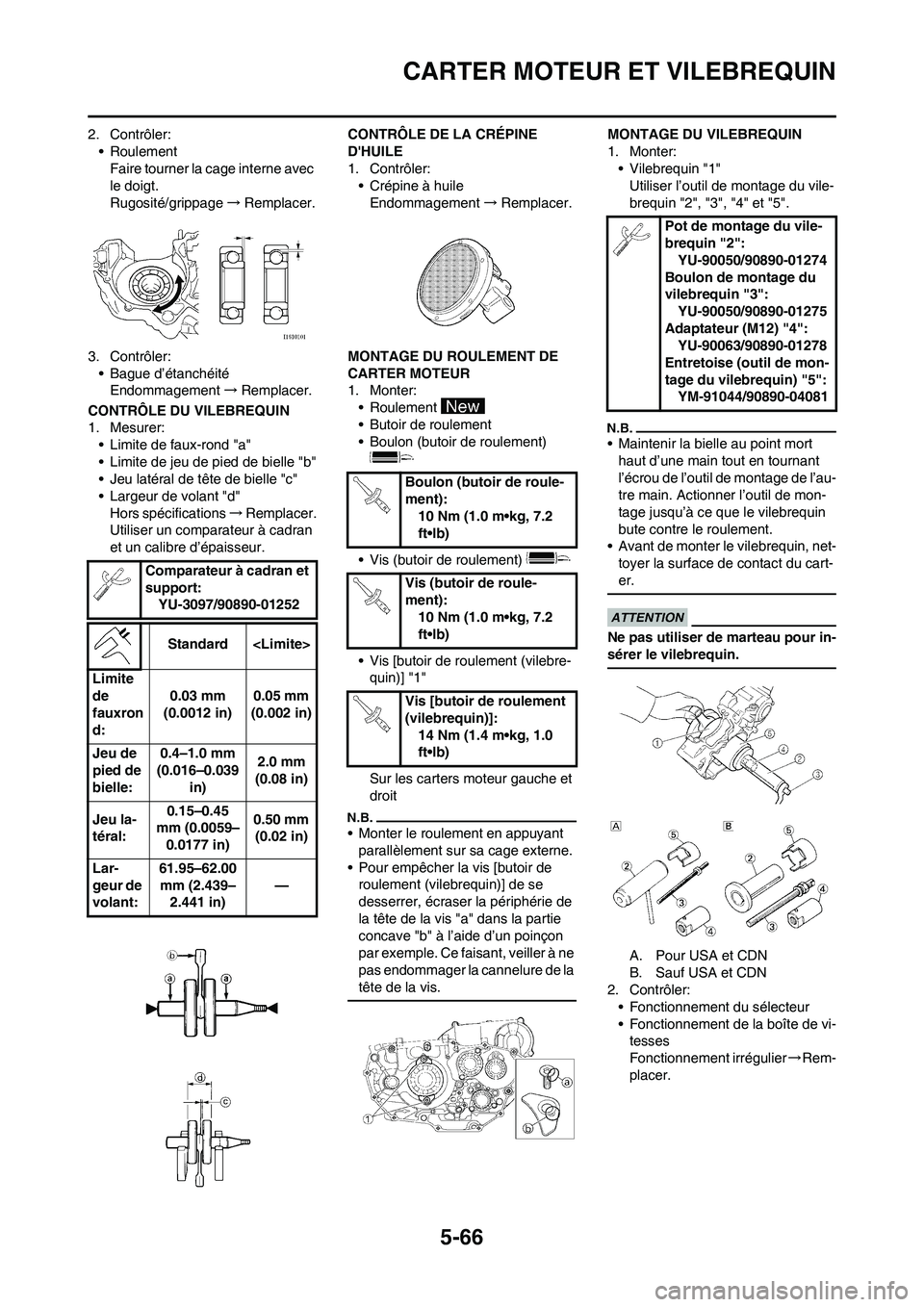 YAMAHA WR 450F 2010  Notices Demploi (in French) 5-66
CARTER MOTEUR ET VILEBREQUIN
2. Contrôler:
•Roulement
Faire tourner la cage interne avec 
le doigt.
Rugosité/grippage→Remplacer.
3. Contrôler:
• Bague d’étanchéité
Endommagement→R