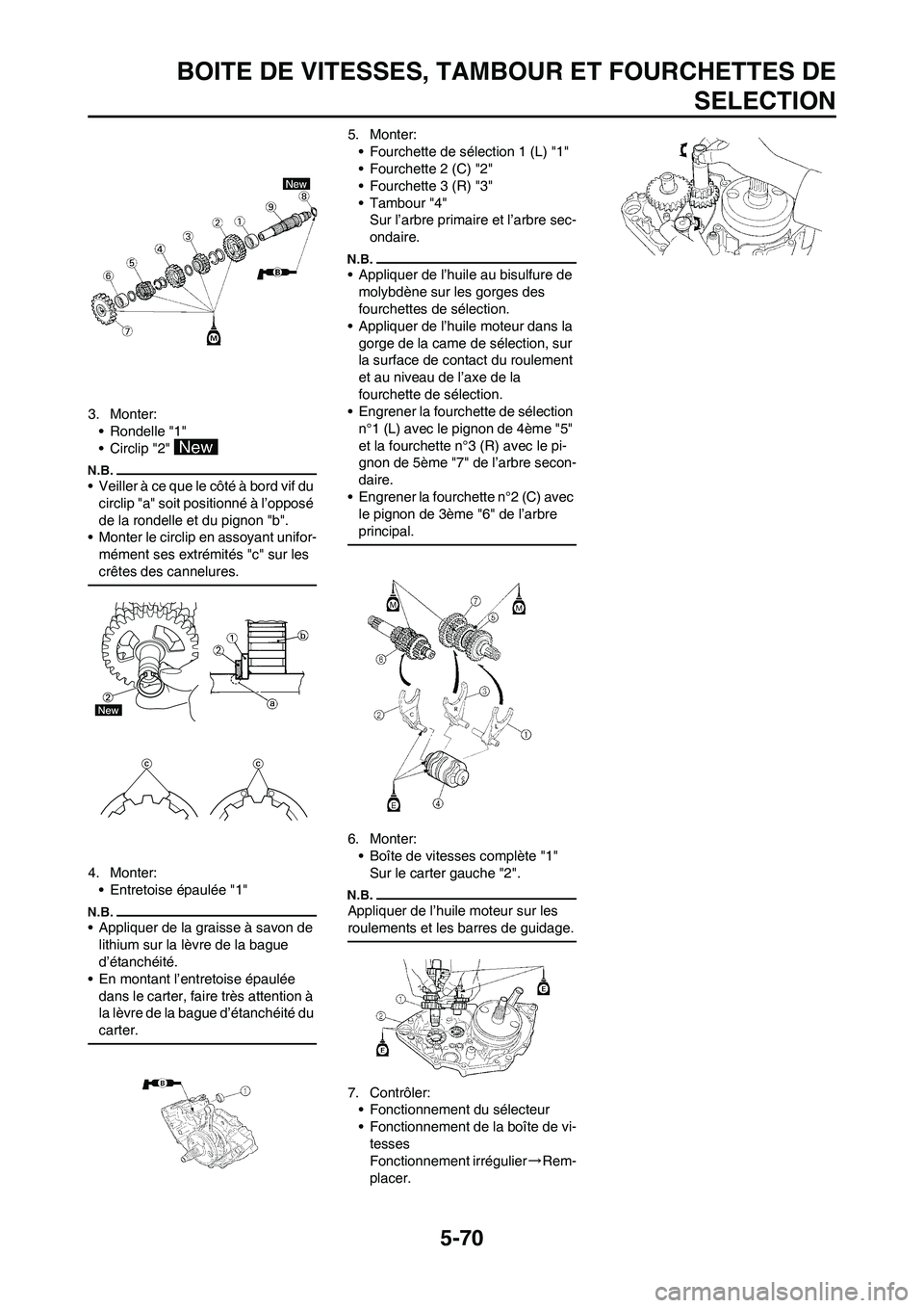 YAMAHA WR 450F 2010  Notices Demploi (in French) 5-70
BOITE DE VITESSES, TAMBOUR ET FOURCHETTES DE
SELECTION
3. Monter:
• Rondelle "1"
• Circlip "2" 
• Veiller à ce que le côté à bord vif du 
circlip "a" soit positionné à l’opposé 
de