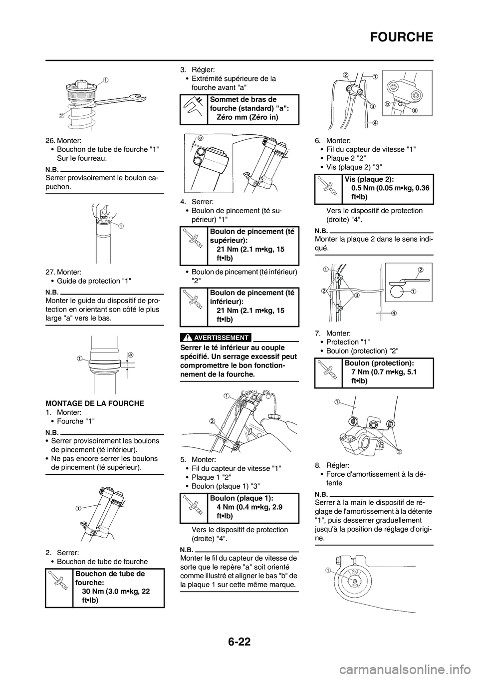 YAMAHA WR 450F 2010  Notices Demploi (in French) 6-22
FOURCHE
26. Monter:
• Bouchon de tube de fourche "1"
Sur le fourreau.
Serrer provisoirement le boulon ca-
puchon.
27. Monter:
• Guide de protection "1" 
Monter le guide du dispositif de pro-
