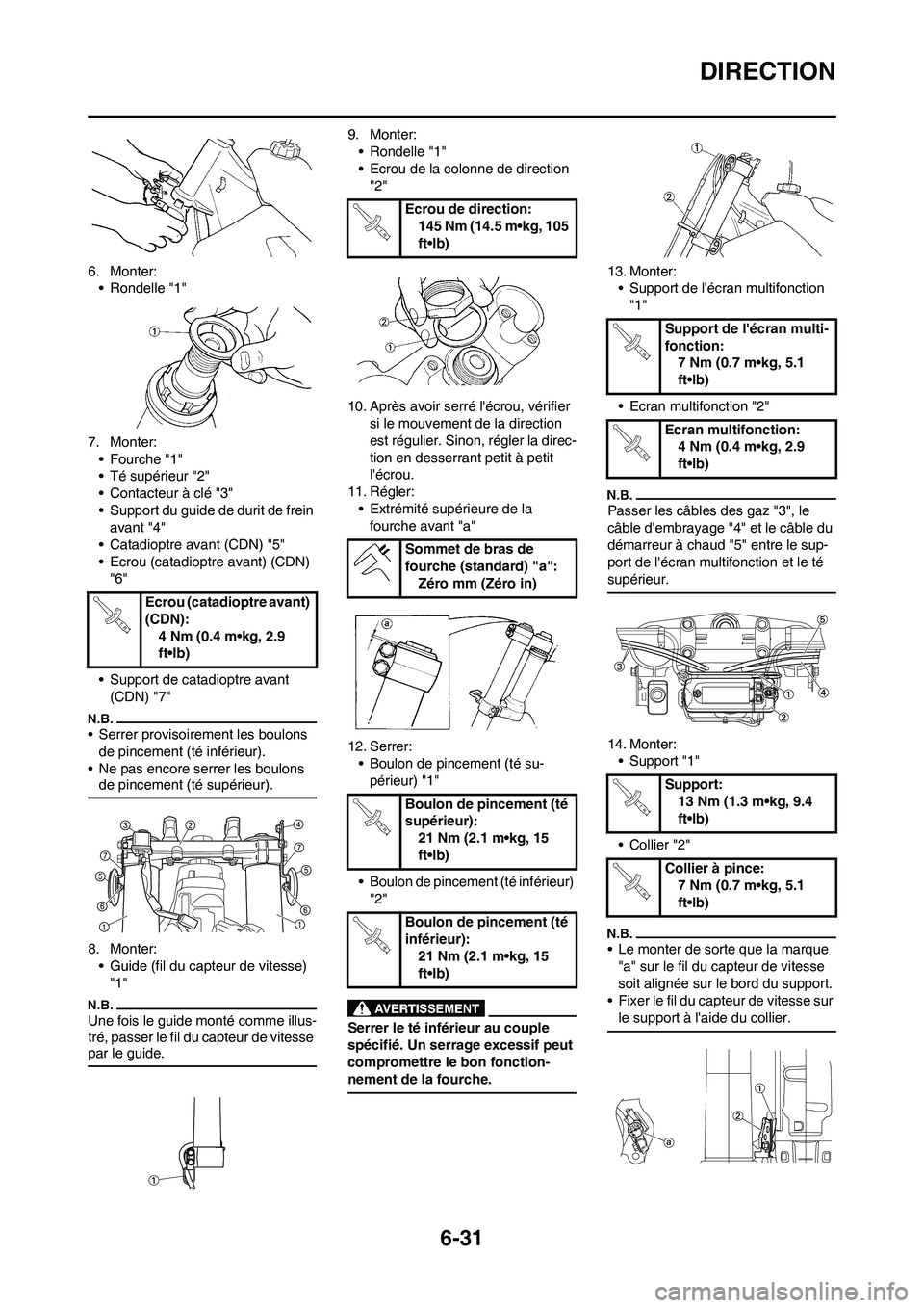 YAMAHA WR 450F 2010  Notices Demploi (in French) 6-31
DIRECTION
6. Monter:
• Rondelle "1"
7. Monter:
• Fourche "1"
• Té supérieur "2"
• Contacteur à clé "3"
• Support du guide de durit de frein 
avant "4"
• Catadioptre avant (CDN) "5