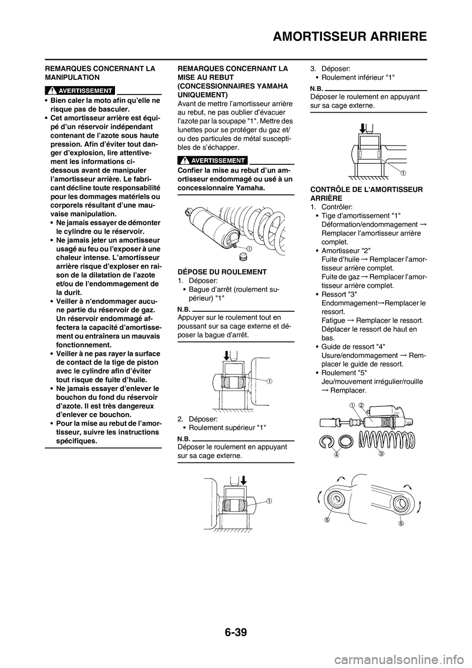 YAMAHA WR 450F 2010  Notices Demploi (in French) 6-39
AMORTISSEUR ARRIERE
REMARQUES CONCERNANT LA 
MANIPULATION
• Bien caler la moto afin qu’elle ne 
risque pas de basculer.
• Cet amortisseur arrière est équi-
pé d’un réservoir indépend