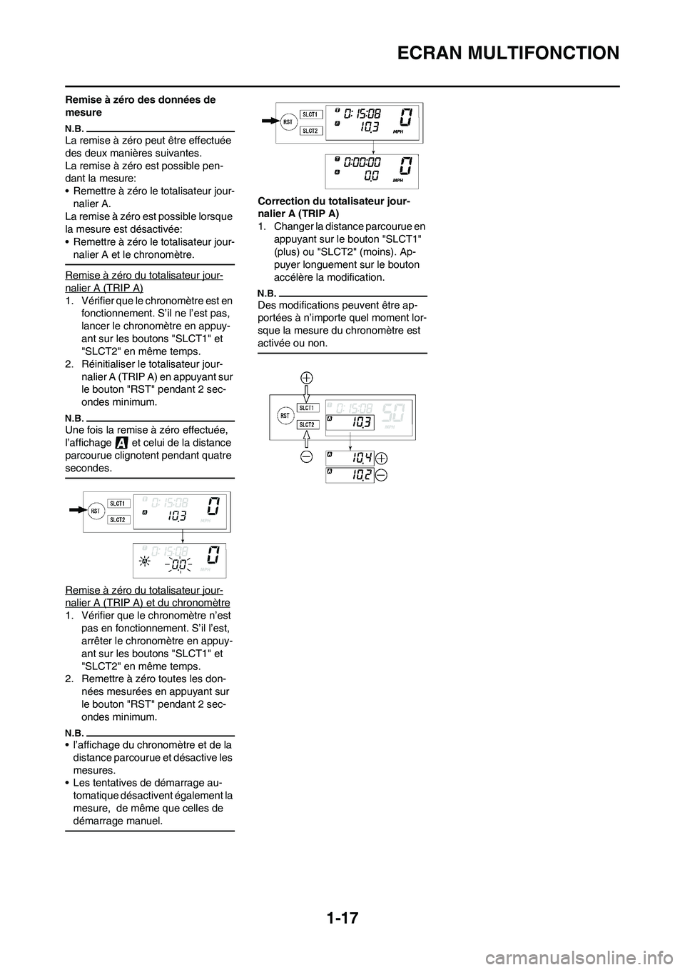 YAMAHA WR 450F 2010  Notices Demploi (in French) 
1-17
ECRAN MULTIFONCTION
Remise à zéro des données de 
mesure
La remise à zéro peut être effectuée 
des deux manières suivantes. 
La remise à zéro est possible pen-
dant la mesure:
• Reme