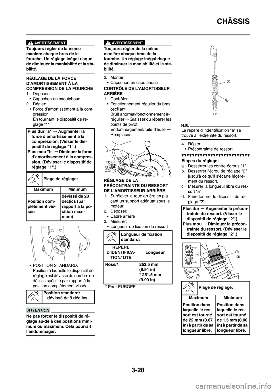 YAMAHA WR 450F 2010  Notices Demploi (in French) 3-28
CHÂSSIS
Toujours régler de la même 
manière chaque bras de la 
fourche. Un réglage inégal risque 
de diminuer la maniabilité et la sta-
bilité.
RÉGLAGE DE LA FORCE 
DAMORTISSEMENT À LA
