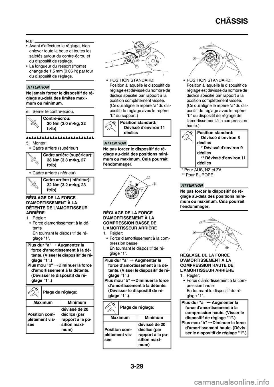 YAMAHA WR 450F 2010  Notices Demploi (in French) 3-29
CHÂSSIS
• Avant deffectuer le réglage, bien 
enlever toute la boue et toutes les 
saletés autour du contre-écrou et 
du dispositif de réglage.
• La longueur du ressort (monté) 
change 