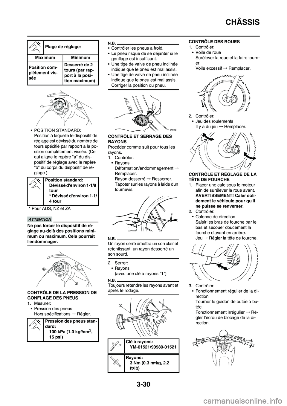 YAMAHA WR 450F 2010  Notices Demploi (in French) 3-30
CHÂSSIS
• POSITION STANDARD:
Position à laquelle le dispositif de 
réglage est dévissé du nombre de 
tours spécifié par rapport à la po-
sition complètement vissée. (Ce 
qui aligne le