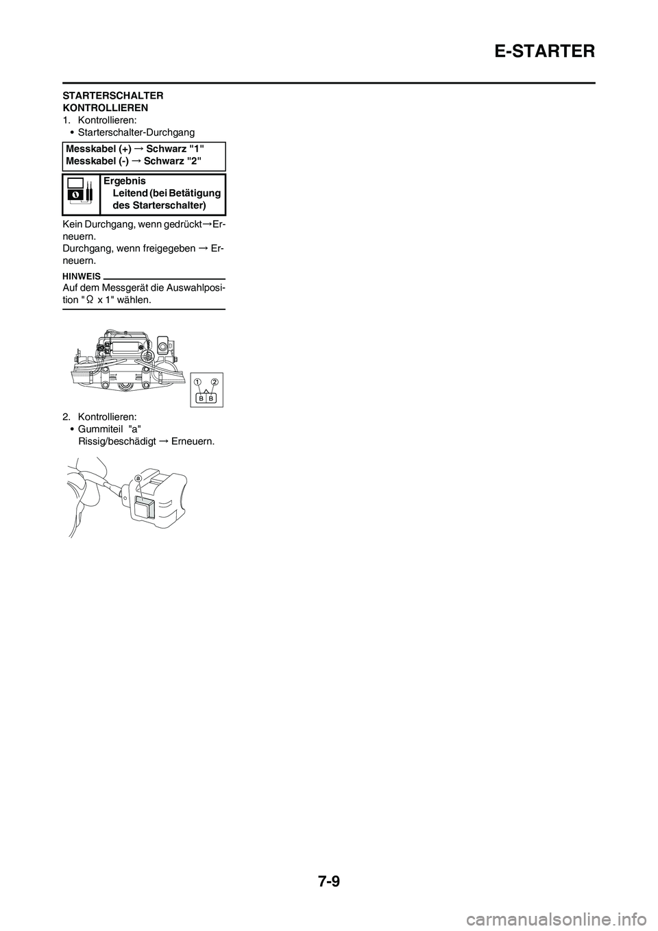 YAMAHA WR 450F 2009  Betriebsanleitungen (in German) 7-9
E-STARTER
STARTERSCHALTER 
KONTROLLIEREN
1. Kontrollieren:
• Starterschalter-Durchgang
Kein Durchgang, wenn gedrückt→Er-
neuern.
Durchgang, wenn freigegeben→Er-
neuern.
Auf dem Messgerät d