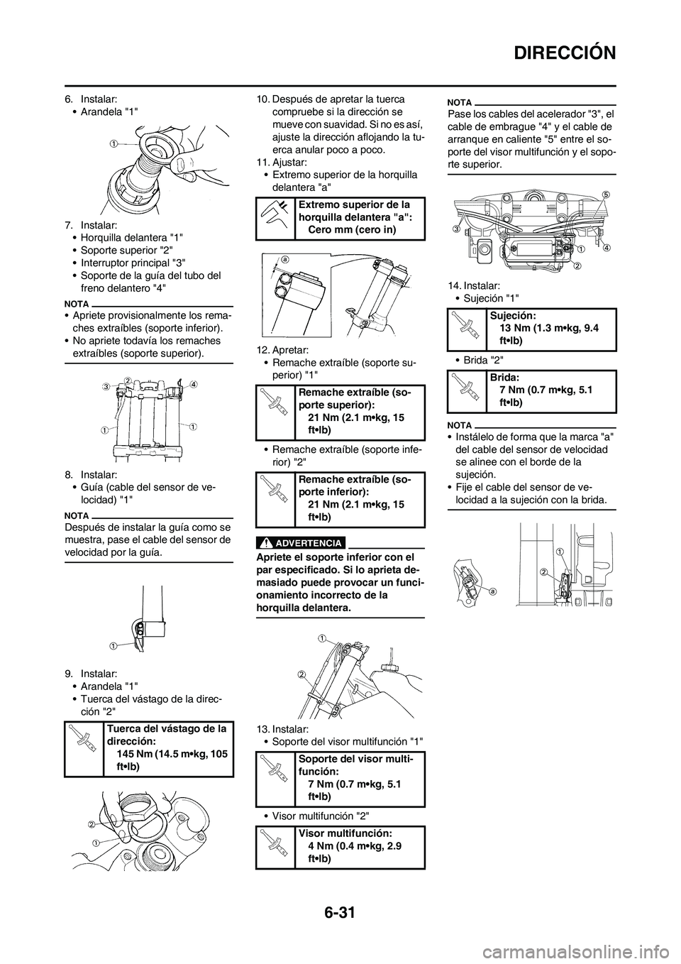 YAMAHA WR 450F 2009 Manuale de Empleo (in Spanish) 6-31
DIRECCIÓN
6. Instalar:
• Arandela "1"
7. Instalar:
• Horquilla delantera "1"
• Soporte superior "2"
• Interruptor principal "3"
• Soporte de la guía del tubo del
freno delantero "4"
YAMAHA WR 450F 2009 Manuale de Empleo (in Spanish) 6-31
DIRECCIÓN
6. Instalar:
• Arandela "1"
7. Instalar:
• Horquilla delantera "1"
• Soporte superior "2"
• Interruptor principal "3"
• Soporte de la guía del tubo del
freno delantero "4"