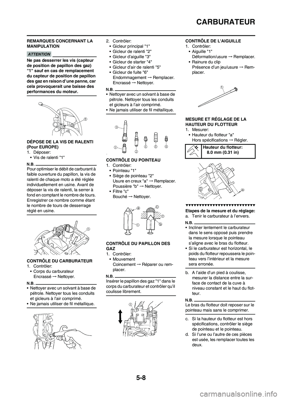 YAMAHA WR 450F 2009  Notices Demploi (in French) 5-8
CARBURATEUR
REMARQUES CONCERNANT LA 
MANIPULATION
Ne pas desserrer les vis (capteur 
de position de papillon des gaz) 
"1" sauf en cas de remplacement 
du capteur de position de papillon 
des gaz 