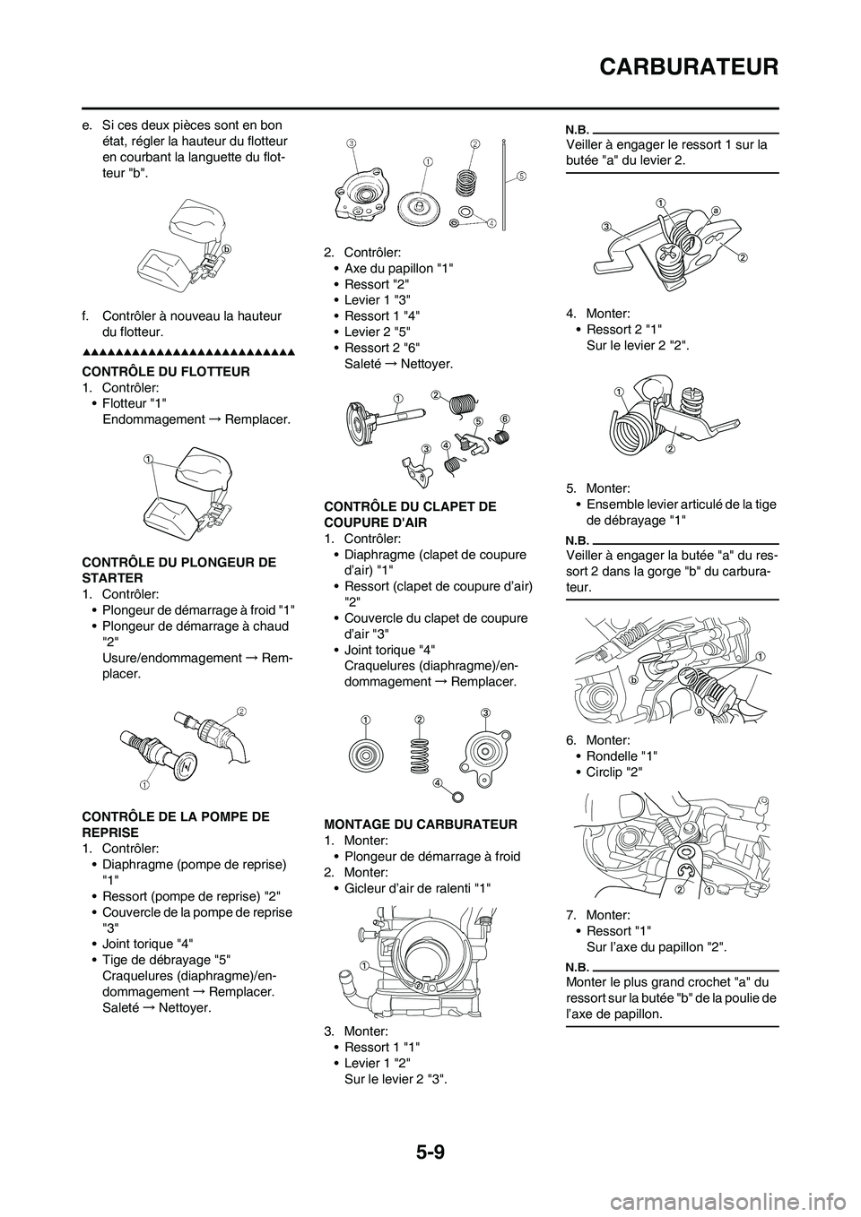 YAMAHA WR 450F 2009  Notices Demploi (in French) 5-9
CARBURATEUR
e. Si ces deux pièces sont en bon 
état, régler la hauteur du flotteur 
en courbant la languette du flot-
teur "b".
f. Contrôler à nouveau la hauteur 
du flotteur.
CONTRÔLE DU FL