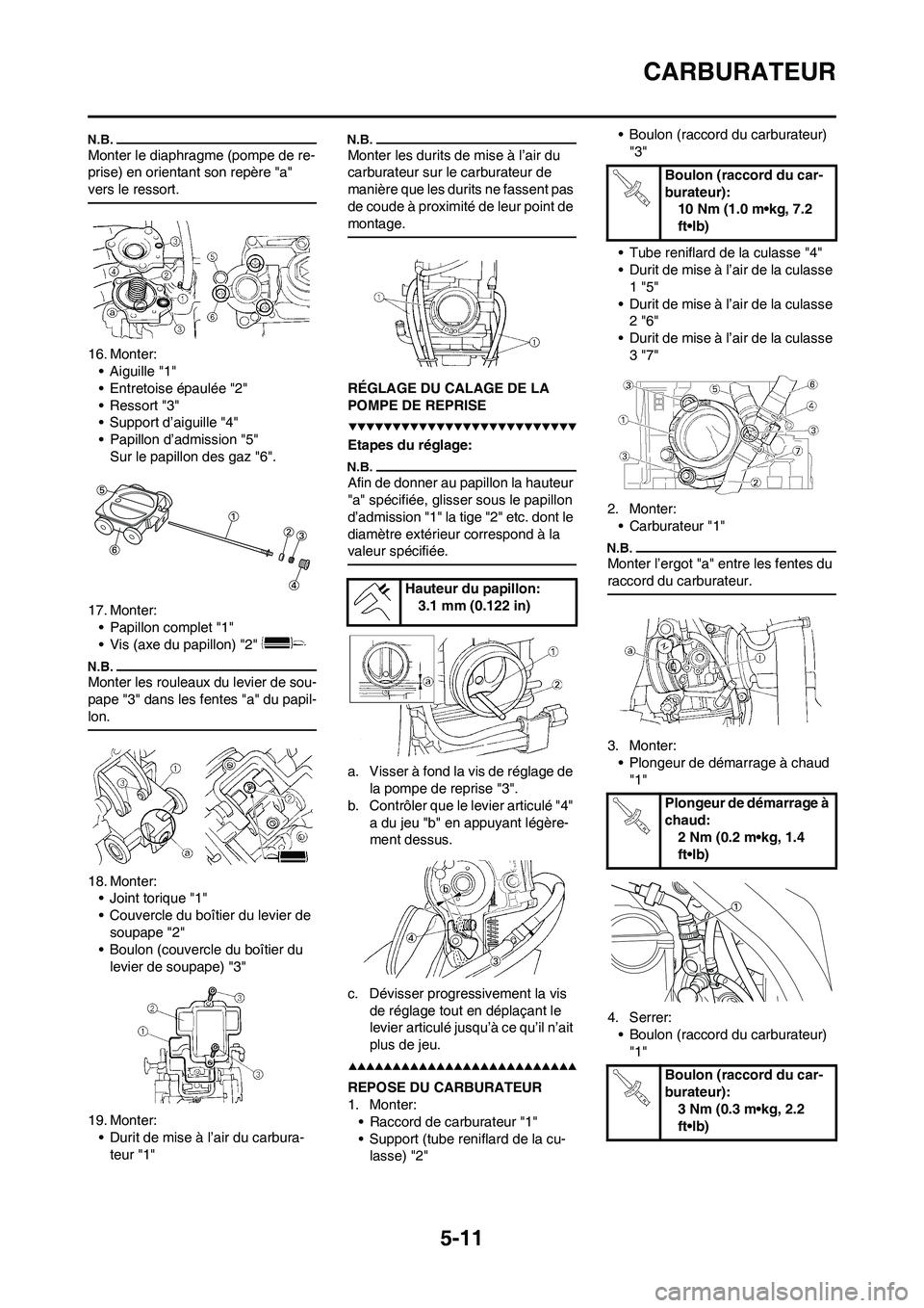 YAMAHA WR 450F 2009  Notices Demploi (in French) 5-11
CARBURATEUR
Monter le diaphragme (pompe de re-
prise) en orientant son repère "a" 
vers le ressort.
16. Monter:
•Aiguille "1"
• Entretoise épaulée "2"
•Ressort "3"
• Support d’aiguil