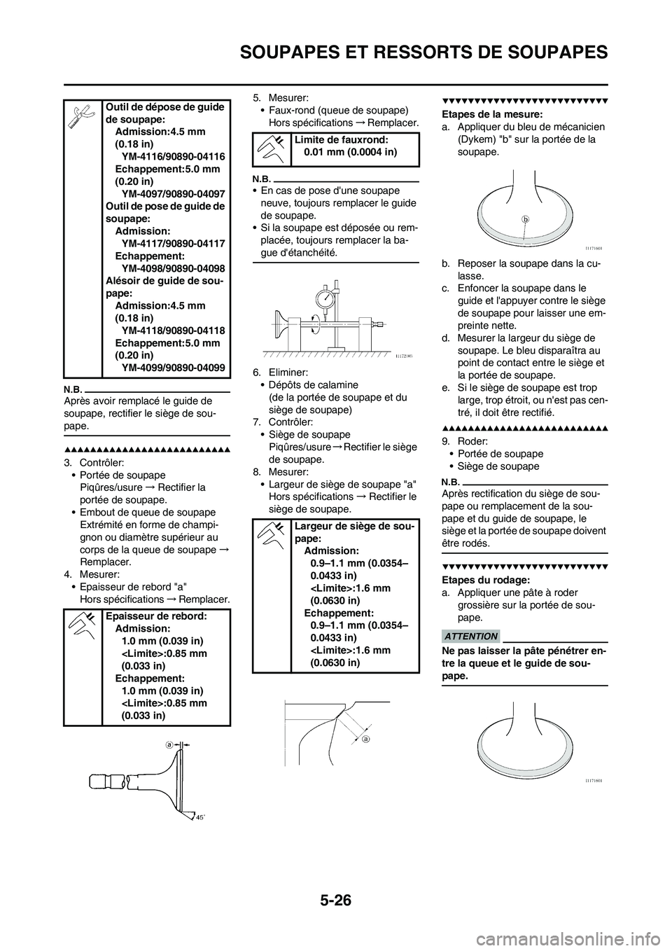 YAMAHA WR 450F 2009  Notices Demploi (in French) 5-26
SOUPAPES ET RESSORTS DE SOUPAPES
Après avoir remplacé le guide de 
soupape, rectifier le siège de sou-
pape.
3. Contrôler:
• Portée de soupape
Piqûres/usure→Rectifier la 
portée de sou