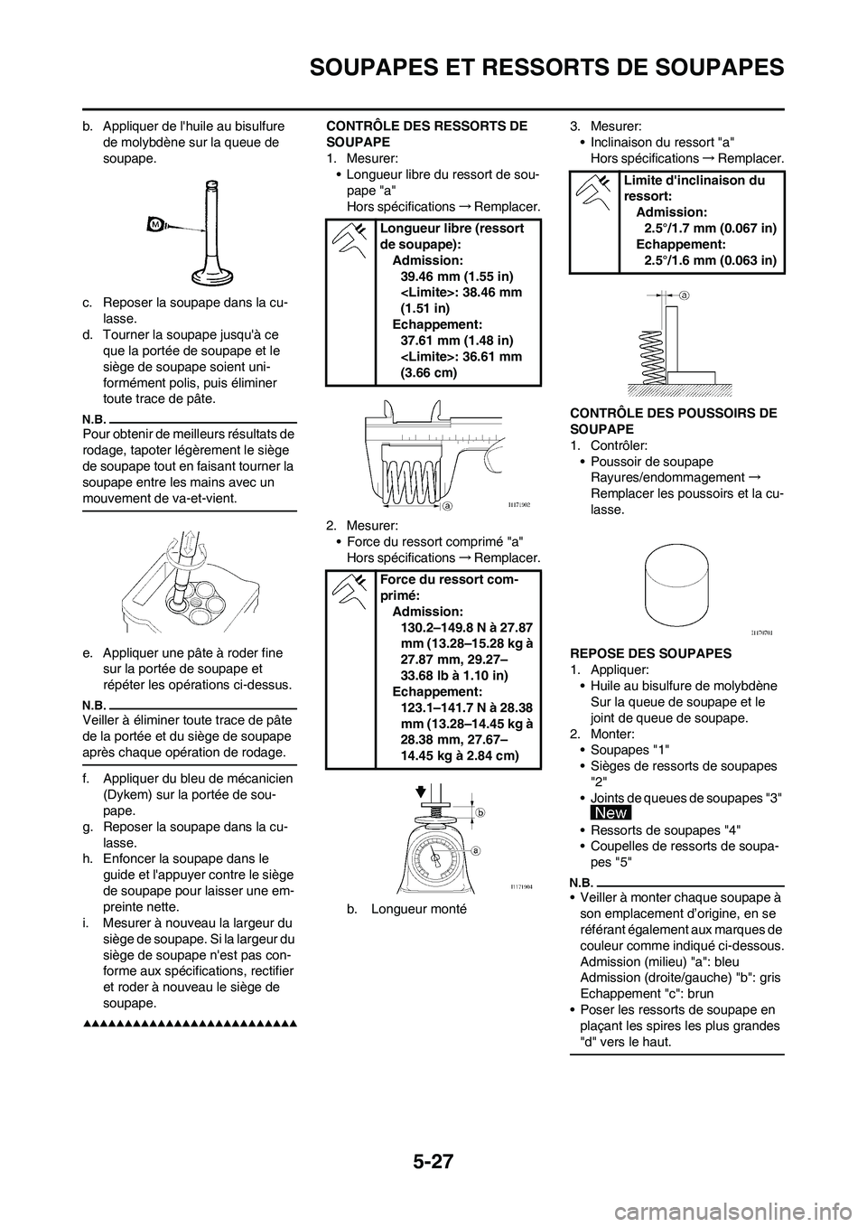 YAMAHA WR 450F 2009  Notices Demploi (in French) 5-27
SOUPAPES ET RESSORTS DE SOUPAPES
b. Appliquer de lhuile au bisulfure 
de molybdène sur la queue de 
soupape.
c. Reposer la soupape dans la cu-
lasse.
d. Tourner la soupape jusquà ce 
que la p