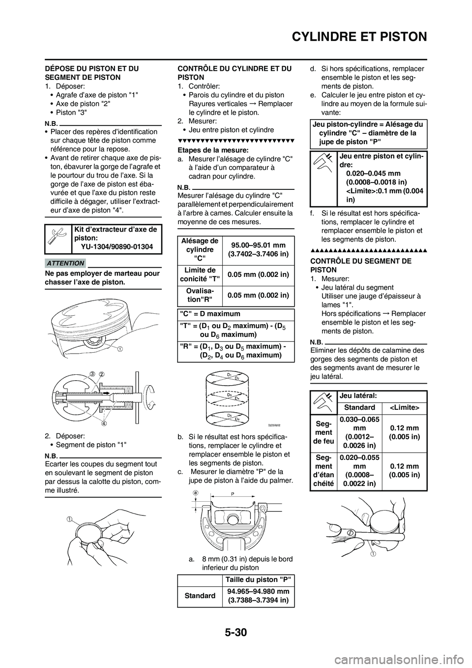 YAMAHA WR 450F 2009  Notices Demploi (in French) 5-30
CYLINDRE ET PISTON
DÉPOSE DU PISTON ET DU 
SEGMENT DE PISTON
1. Déposer:
• Agrafe d’axe de piston "1"
• Axe de piston "2"
•Piston "3"
• Placer des repères d’identification 
sur cha