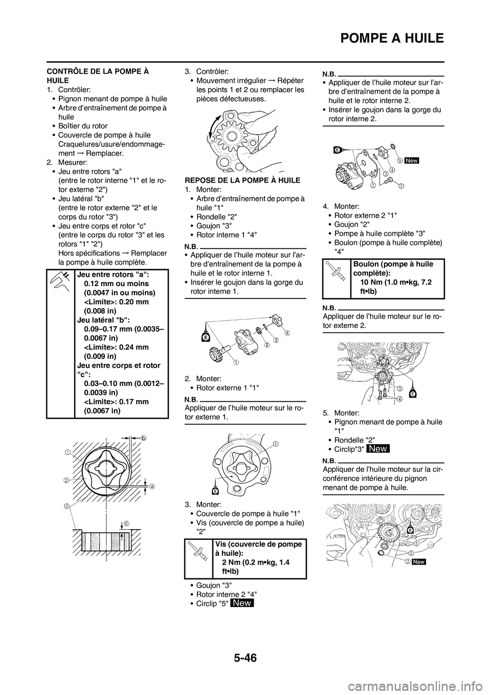 YAMAHA WR 450F 2009  Notices Demploi (in French) 5-46
POMPE A HUILE
CONTRÔLE DE LA POMPE À 
HUILE
1. Contrôler:
• Pignon menant de pompe à huile
• Arbre d’entraînement de pompe à 
huile
• Boîtier du rotor
• Couvercle de pompe à hui