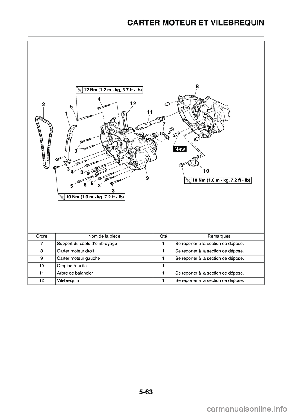 YAMAHA WR 450F 2009  Notices Demploi (in French) 5-63
CARTER MOTEUR ET VILEBREQUIN
7 Support du câble d’embrayage 1 Se reporter à la section de dépose.
8 Carter moteur droit 1 Se reporter à la section de dépose.
9 Carter moteur gauche 1 Se re