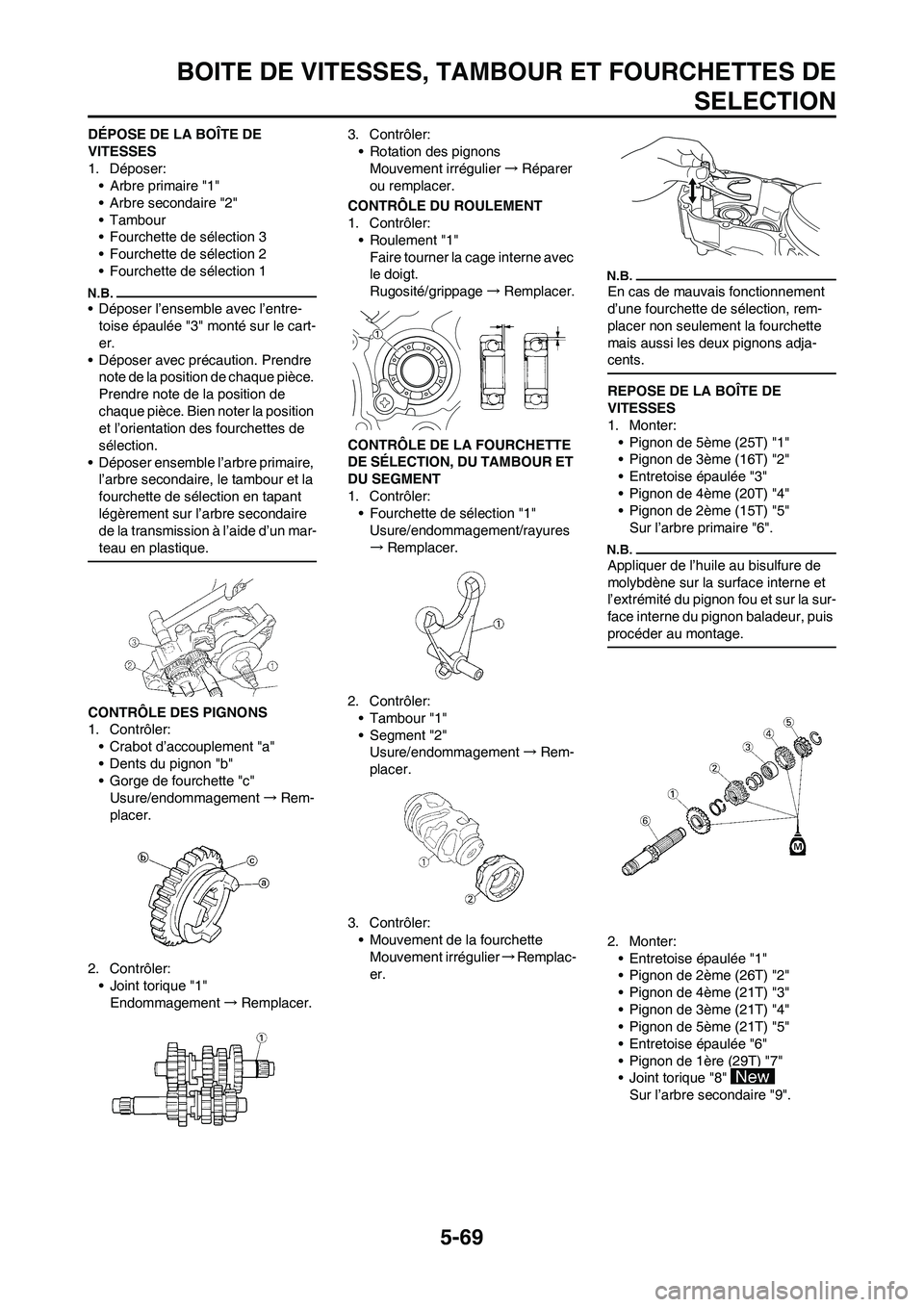 YAMAHA WR 450F 2009  Notices Demploi (in French) 5-69
BOITE DE VITESSES, TAMBOUR ET FOURCHETTES DE
SELECTION
DÉPOSE DE LA BOÎTE DE 
VITESSES
1. Déposer:
• Arbre primaire "1"
• Arbre secondaire "2"
• Tambour
• Fourchette de sélection 3
