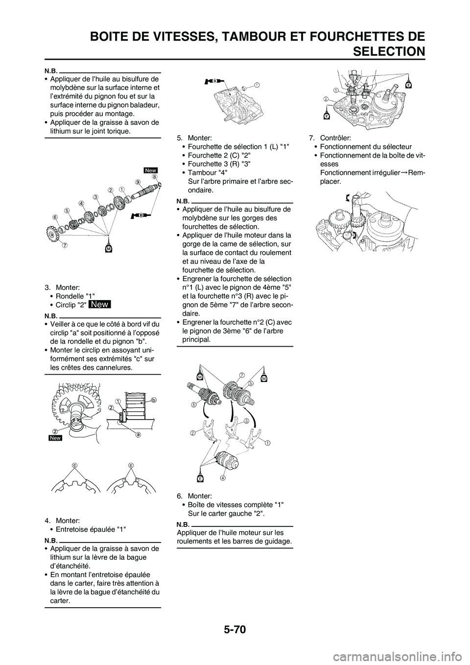 YAMAHA WR 450F 2009  Notices Demploi (in French) 5-70
BOITE DE VITESSES, TAMBOUR ET FOURCHETTES DE
SELECTION
• Appliquer de l’huile au bisulfure de 
molybdène sur la surface interne et 
l’extrémité du pignon fou et sur la 
surface interne d