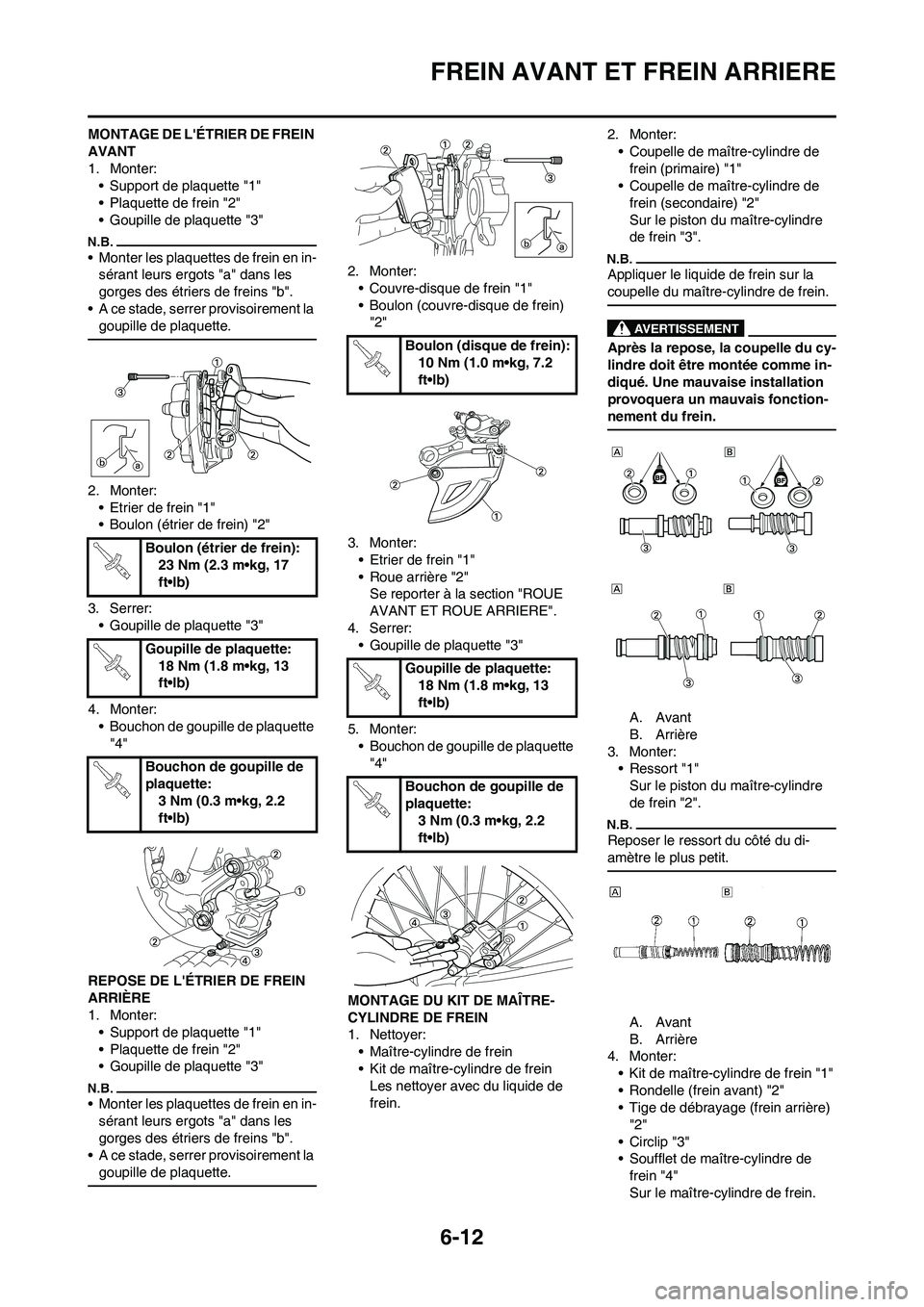 YAMAHA WR 450F 2009  Notices Demploi (in French) 6-12
FREIN AVANT ET FREIN ARRIERE
MONTAGE DE LÉTRIER DE FREIN 
AVANT
1. Monter:
• Support de plaquette "1"
• Plaquette de frein "2"
• Goupille de plaquette "3"
• Monter les plaquettes de fre