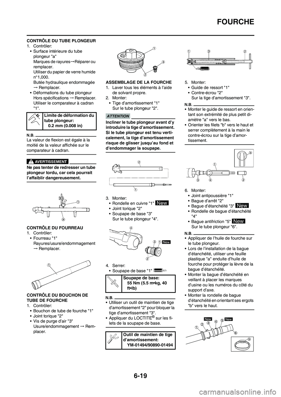 YAMAHA WR 450F 2009 Notices Demploi (in French) 6-19
FOURCHE
CONTRÔLE DU TUBE PLONGEUR
1. Contrôler:
• Surface intérieure du tube
plongeur "a"
Marques de rayures→Réparer ou
remplacer.
Utiliser du papier de verre humide
n°1,000.
Butée h YAMAHA WR 450F 2009 Notices Demploi (in French) 6-19
FOURCHE
CONTRÔLE DU TUBE PLONGEUR
1. Contrôler:
• Surface intérieure du tube
plongeur "a"
Marques de rayures→Réparer ou
remplacer.
Utiliser du papier de verre humide
n°1,000.
Butée h