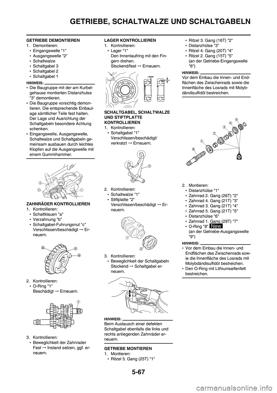 YAMAHA WR 450F 2008 Betriebsanleitungen (in German) 5-67
GETRIEBE, SCHALTWALZE UND SCHALTGABELN
GETRIEBE DEMONTIEREN
1. Demontieren:
•Eingangswelle "1"
•Ausgangswelle "2"
•Schaltwalze
•Schaltgabel 3
•Schaltgabel 2
•Schaltgabel 1
•Die Baug YAMAHA WR 450F 2008 Betriebsanleitungen (in German) 5-67
GETRIEBE, SCHALTWALZE UND SCHALTGABELN
GETRIEBE DEMONTIEREN
1. Demontieren:
•Eingangswelle "1"
•Ausgangswelle "2"
•Schaltwalze
•Schaltgabel 3
•Schaltgabel 2
•Schaltgabel 1
•Die Baug