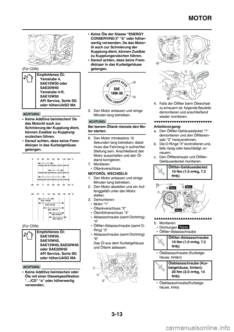 YAMAHA WR 450F 2008 Betriebsanleitungen (in German) 3-13
MOTOR
(Für CDN)
•Keine Additive beimischen! Da
das Motoröl auch zur
Schmierung der Kupplung dient,
können Zusätze zu Kupplung-
srutschen führen.
•Darauf achten, dass keine Frem-
dkör YAMAHA WR 450F 2008 Betriebsanleitungen (in German) 3-13
MOTOR
(Für CDN)
•Keine Additive beimischen! Da
das Motoröl auch zur
Schmierung der Kupplung dient,
können Zusätze zu Kupplung-
srutschen führen.
•Darauf achten, dass keine Frem-
dkör