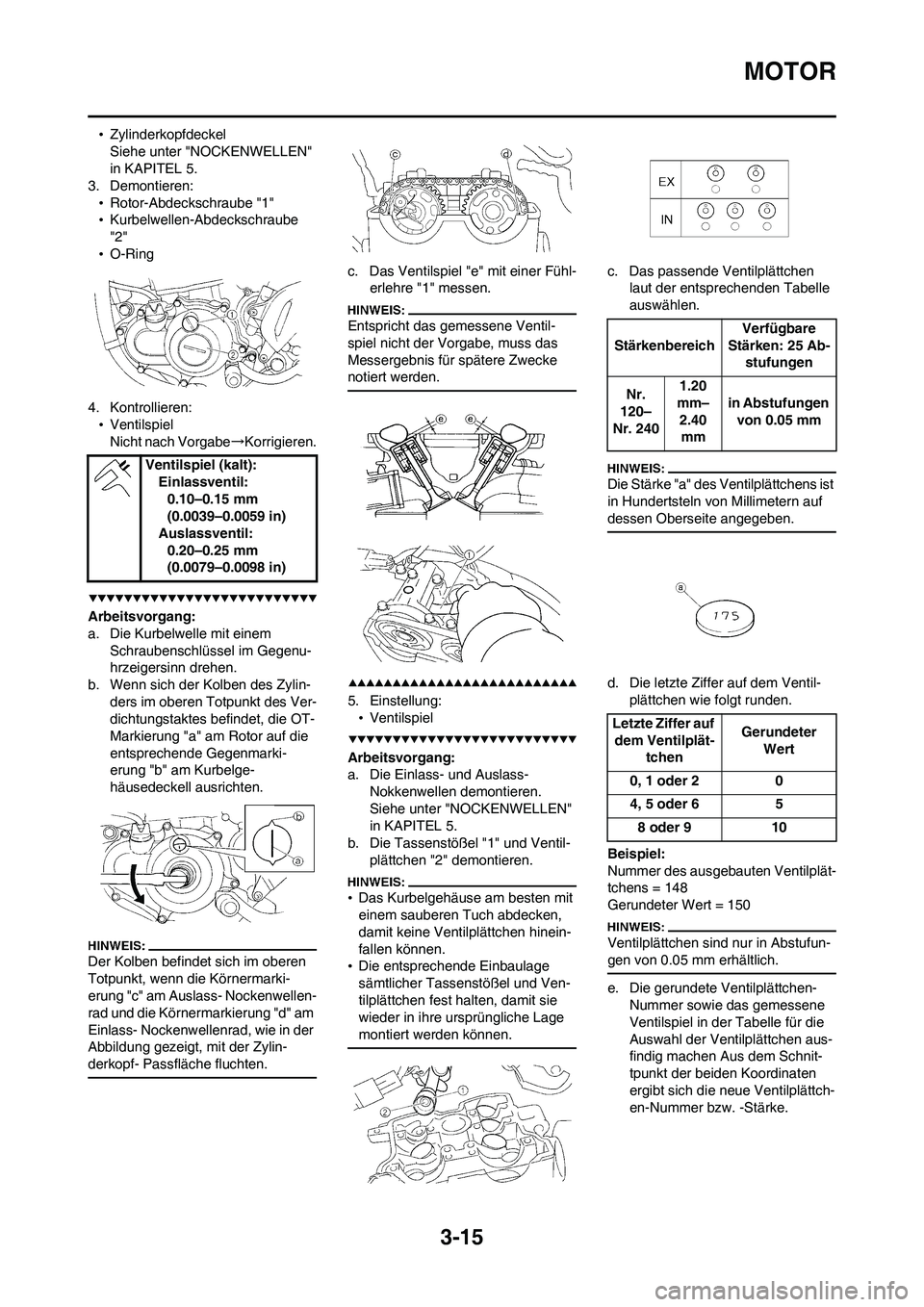 YAMAHA WR 450F 2008 Betriebsanleitungen (in German) 3-15
MOTOR
•Zylinderkopfdeckel
Siehe unter "NOCKENWELLEN"
in KAPITEL 5.
3. Demontieren:
•Rotor-Abdeckschraube "1"
•Kurbelwellen-Abdeckschraube
"2"
•O-Ring
4. Kontrollieren:
•Ventilspiel
Ni YAMAHA WR 450F 2008 Betriebsanleitungen (in German) 3-15
MOTOR
•Zylinderkopfdeckel
Siehe unter "NOCKENWELLEN"
in KAPITEL 5.
3. Demontieren:
•Rotor-Abdeckschraube "1"
•Kurbelwellen-Abdeckschraube
"2"
•O-Ring
4. Kontrollieren:
•Ventilspiel
Ni