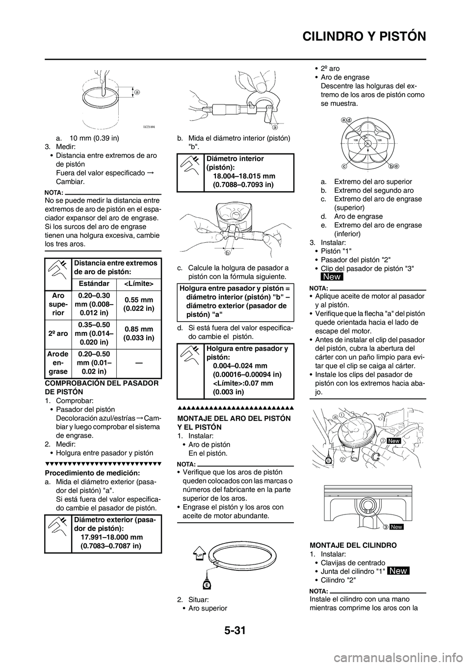 YAMAHA WR 450F 2008  Manuale de Empleo (in Spanish) 5-31
CILINDRO Y PISTÓN
a. 10 mm (0.39 in)
3. Medir:
• Distancia entre extremos de aro 
de pistón
Fuera del valor especificado→
Cambiar.
No se puede medir la distancia entre 
extremos de aro de p