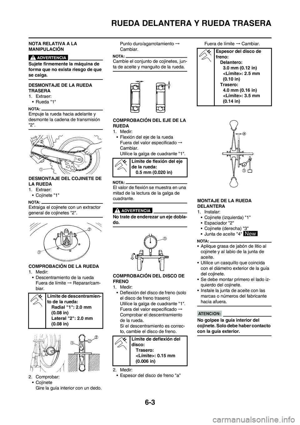 YAMAHA WR 450F 2008  Manuale de Empleo (in Spanish) 6-3
RUEDA DELANTERA Y RUEDA TRASERA
NOTA RELATIVA A LA 
MANIPULACIÓN
Sujete firmemente la máquina de 
forma que no exista riesgo de que 
se caiga.
DESMONTAJE DE LA RUEDA 
TRASERA
1. Extraer:
• Rue