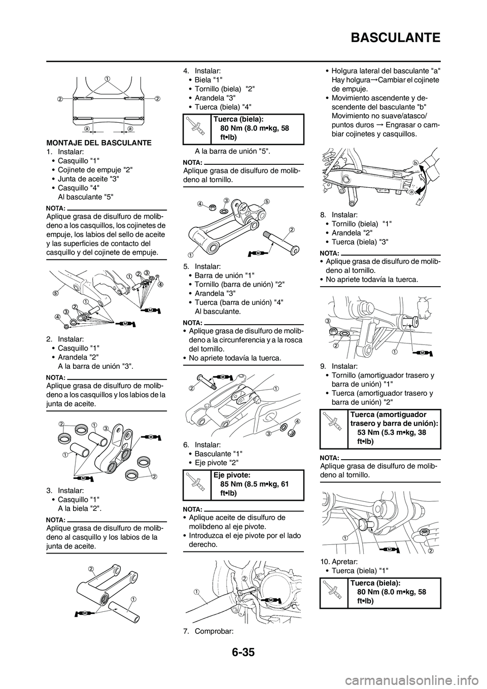 YAMAHA WR 450F 2008  Manuale de Empleo (in Spanish) 6-35
BASCULANTE
MONTAJE DEL BASCULANTE
1. Instalar:
• Casquillo "1"
• Cojinete de empuje "2"
• Junta de aceite "3"
• Casquillo "4"
Al basculante "5"
Aplique grasa de disulfuro de molib-
deno a