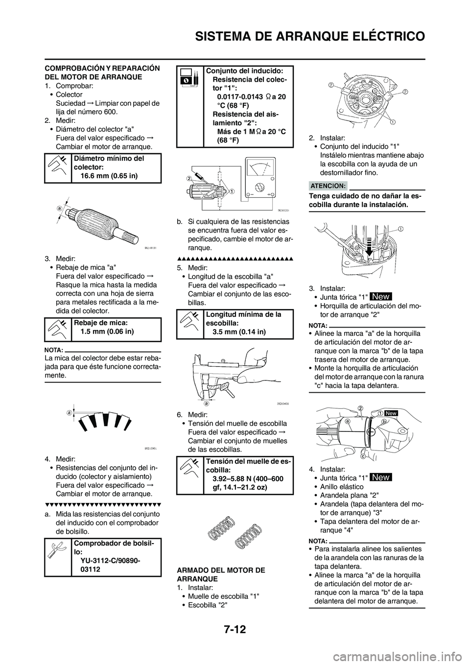 YAMAHA WR 450F 2008  Manuale de Empleo (in Spanish) 7-12
SISTEMA DE ARRANQUE ELÉCTRICO
COMPROBACIÓN Y REPARACIÓN 
DEL MOTOR DE ARRANQUE
1. Comprobar:
• Colector
Suciedad→Limpiar con papel de 
lija del número 600.
2. Medir:
• Diámetro del col
