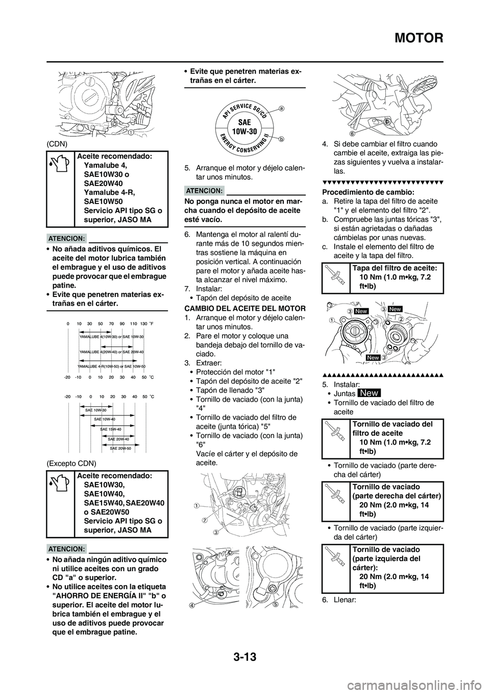 YAMAHA WR 450F 2008  Manuale de Empleo (in Spanish) 3-13
MOTOR
(CDN)
• No añada aditivos químicos. El 
aceite del motor lubrica también 
el embrague y el uso de aditivos 
puede provocar que el embrague 
patine.
• Evite que penetren materias ex-
