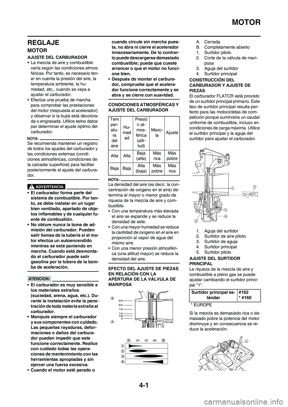 YAMAHA WR 450F 2008  Manuale de Empleo (in Spanish) 4-1
MOTOR
REGLAJE
MOTOR
AJUSTE DEL CARBURADOR
• La mezcla de aire y combustible 
varía según las condiciones atmos-
féricas. Por tanto, es necesario ten-
er en cuenta la presión del aire, la 
te