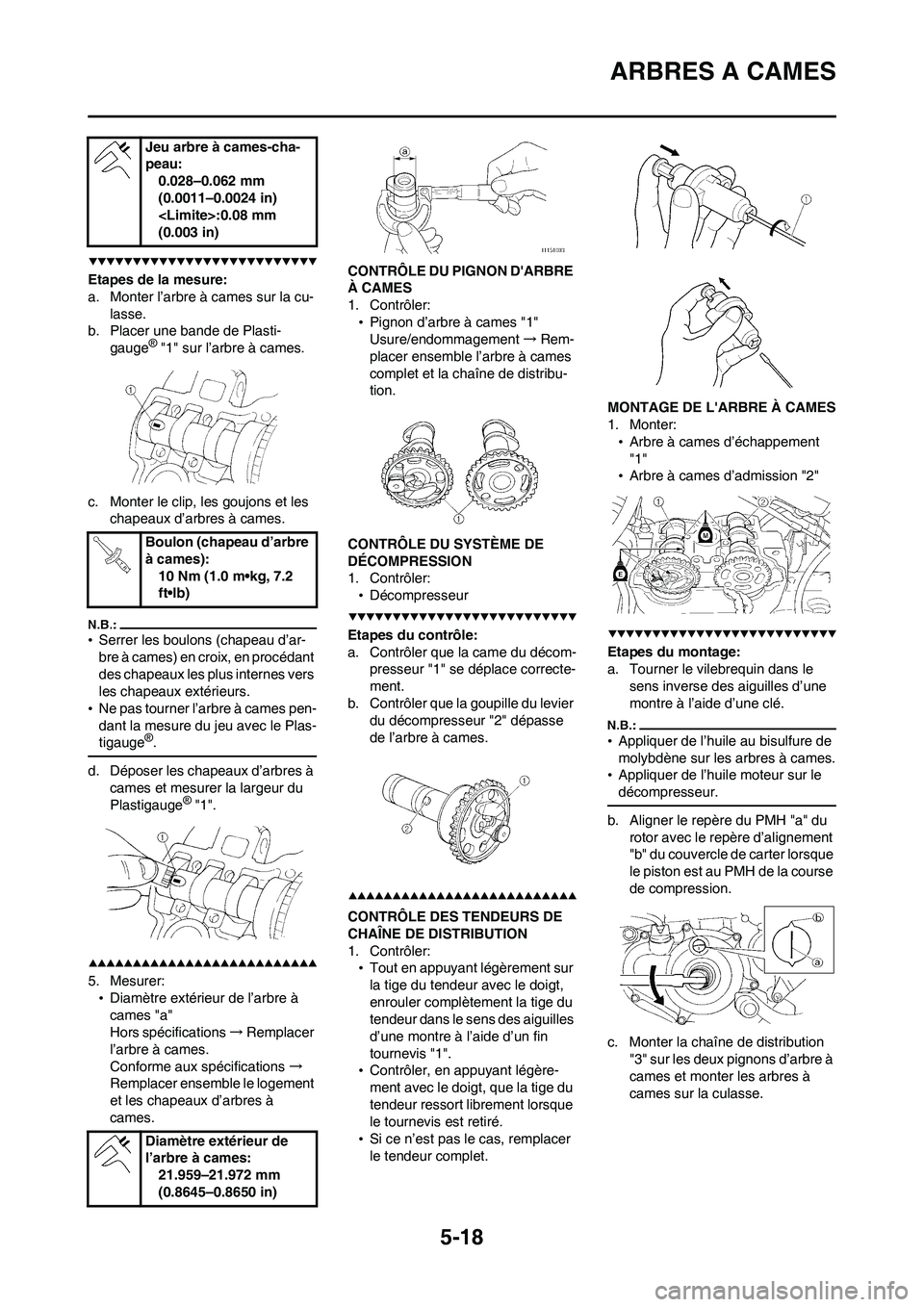 YAMAHA WR 450F 2008  Notices Demploi (in French) 5-18
ARBRES A CAMES
Etapes de la mesure:
a. Monter l’arbre à cames sur la cu-
lasse.
b. Placer une bande de Plasti-
gauge
® "1" sur l’arbre à cames.
c. Monter le clip, les goujons et les 
chape
