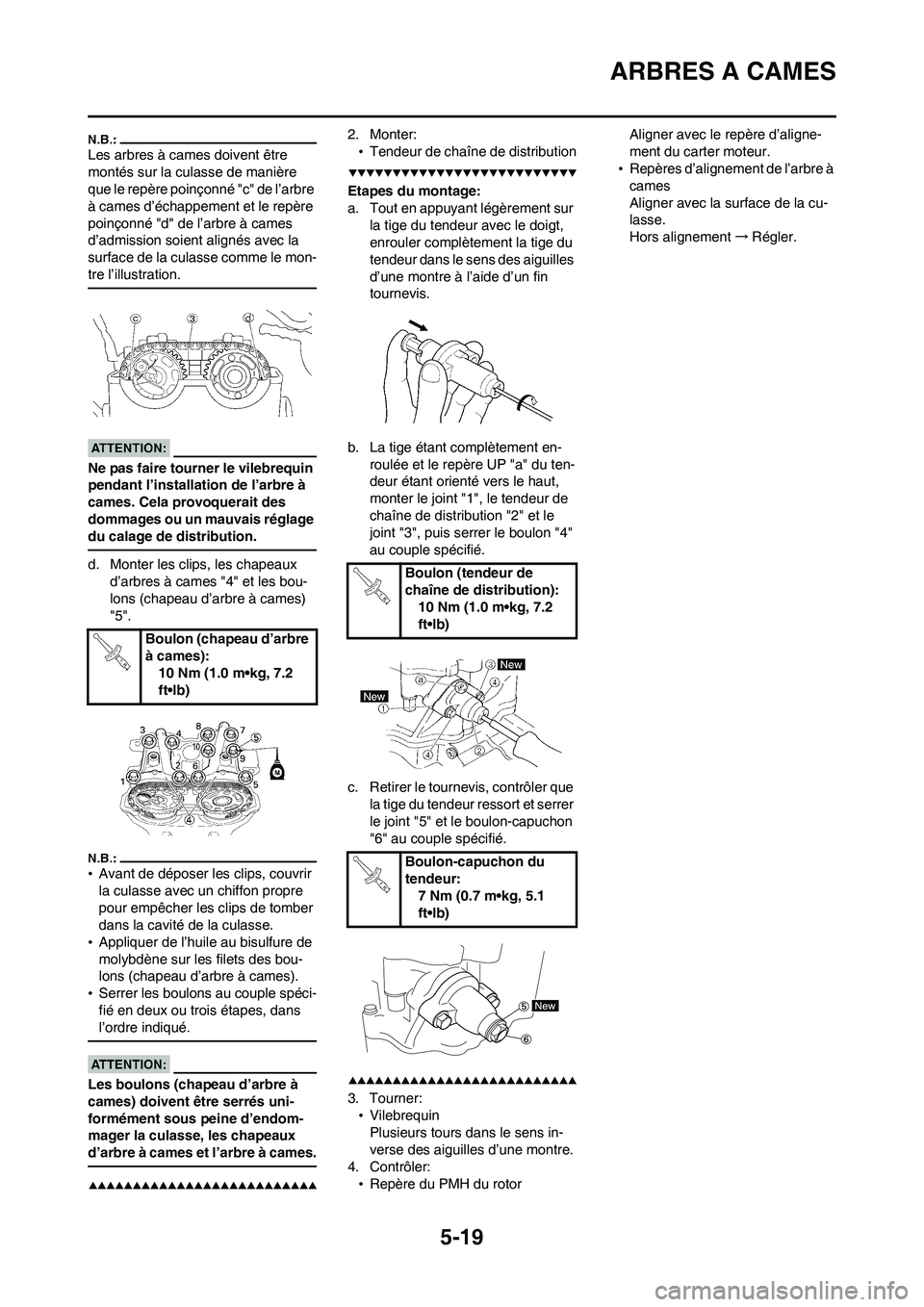 YAMAHA WR 450F 2008  Notices Demploi (in French) 5-19
ARBRES A CAMES
Les arbres à cames doivent être 
montés sur la culasse de manière 
que le repère poinçonné "c" de l’arbre 
à cames d’échappement et le repère 
poinçonné "d" de l’