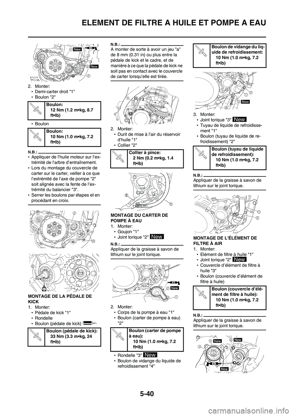 YAMAHA WR 450F 2008  Notices Demploi (in French) 5-40
ELEMENT DE FILTRE A HUILE ET POMPE A EAU
2. Monter:
•Demi-carter droit "1"
•Boulon "2"
•Boulon
•Appliquer de l’huile moteur sur l’ex-
trémité de l’arbre d’entraînement.
•Lors